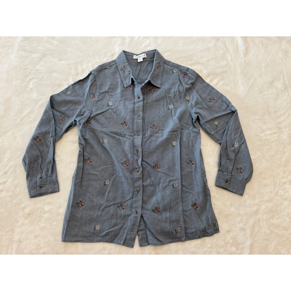 Coldwater‎ Creek Womens Small Blue Striped Floral Embroidered Button Front Shirt